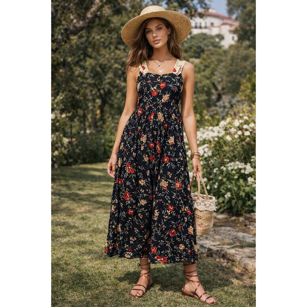 Vtg Sareet Maxi Dress Womens 16‎ Black Floral Boho Cottagecore Prairie Romantic
